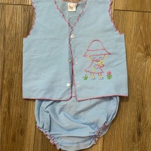 Vintage JUDY PHILIPPINE  Embroidered Blue 2 Piece Set Scalloped Edges 0-6 Months
